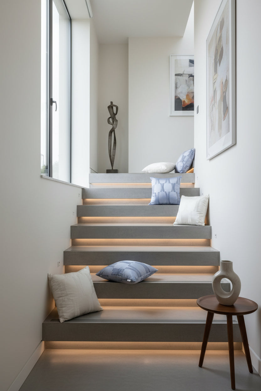 Set of pillows with different patterns on a stairs surface