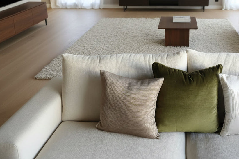 Three pillows on a sofa, including a green one, a beige one, and a white one.